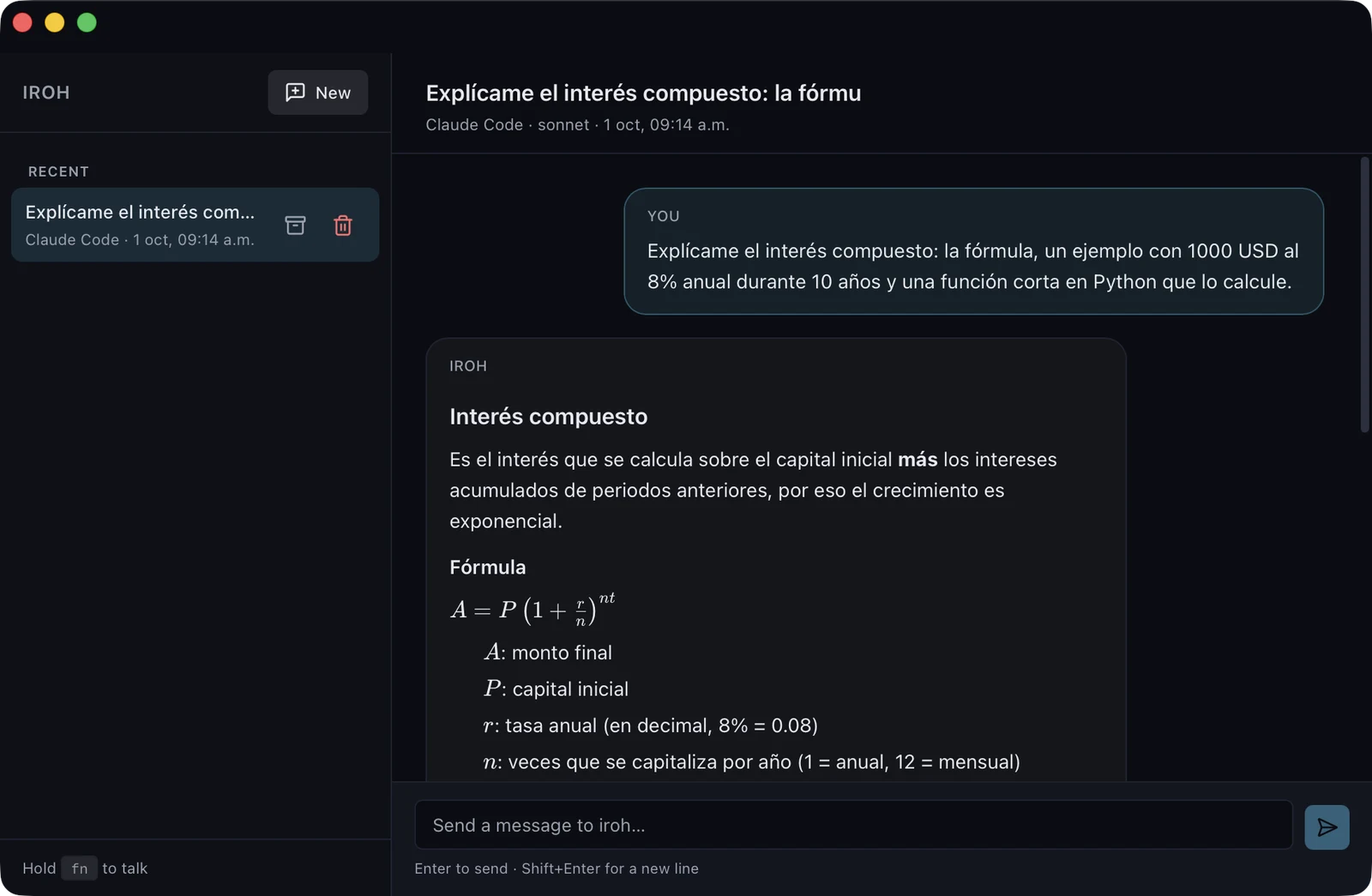 Ventana de chat de Iroh: la pregunta sobre interés compuesto y la respuesta con la fórmula A = P(1 + r/n)^{nt} renderizada.