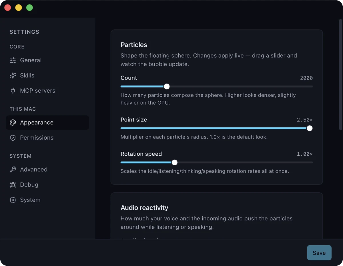 Pestaña de apariencia con controles de cantidad de partículas, tamaño y velocidad de rotación.