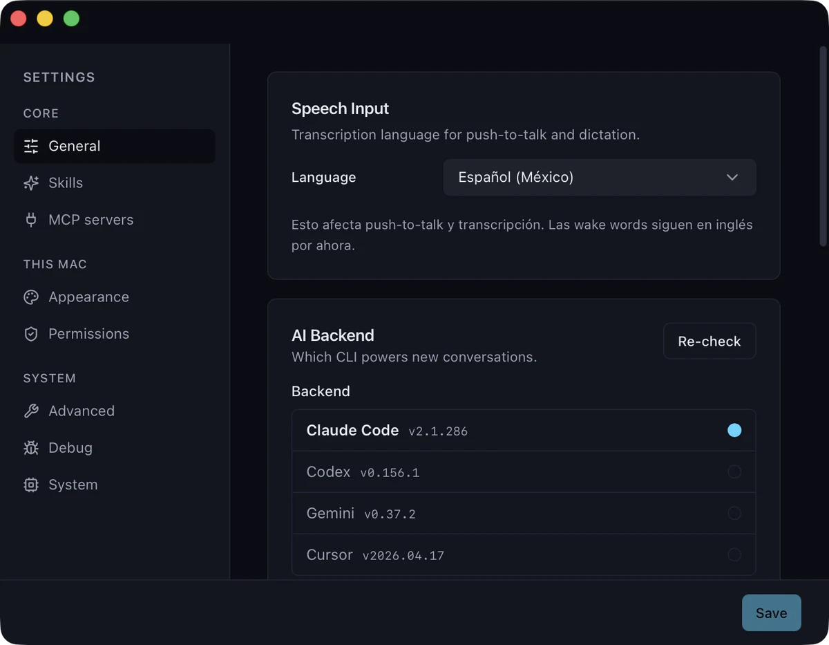 Ajustes de Iroh: idioma de transcripción en Español (México) y la lista de backends detectados con su versión.